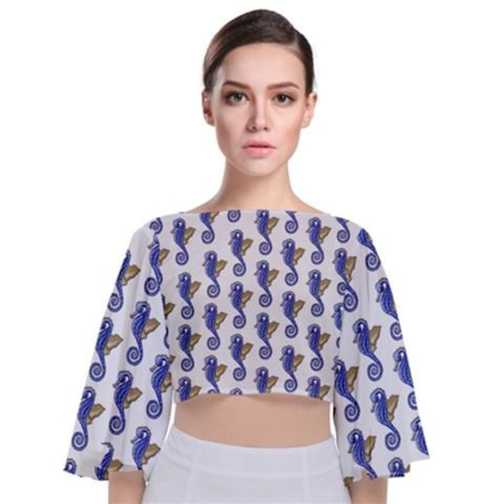 Tie Back Butterfly Sleeve Chiffon Top Seahorses